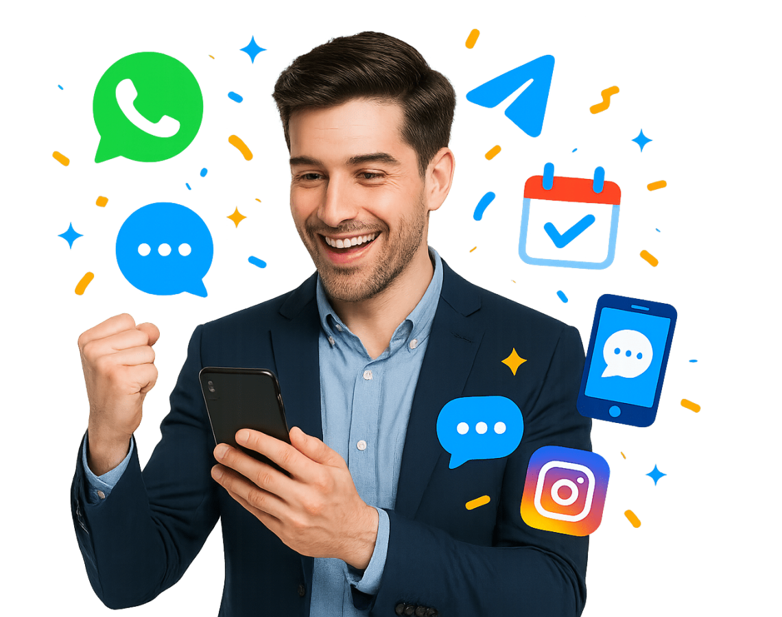 Sydney AI app chatbot replying on WhatsApp, Instagram and Telegram—collecting details and booking a time.