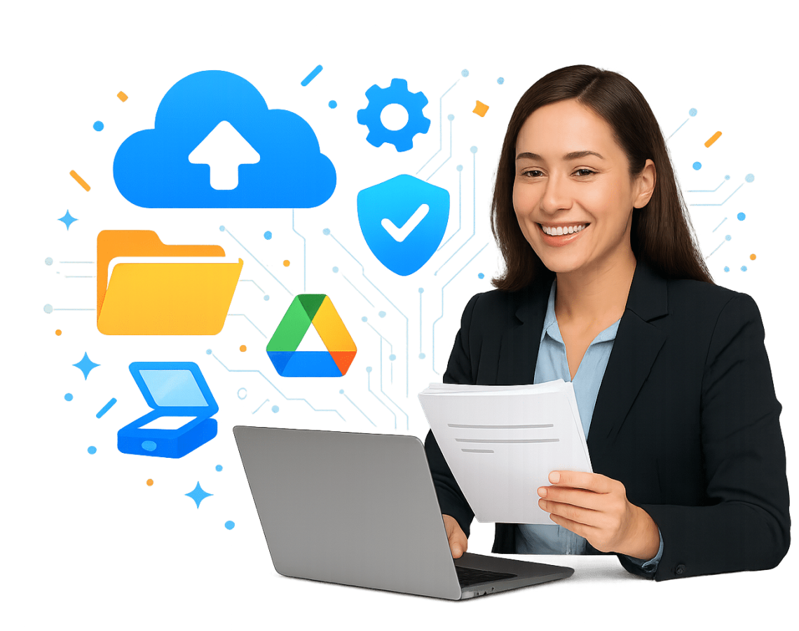 Sydney AI filing chatbot collecting documents and storing them into organised drive folders.